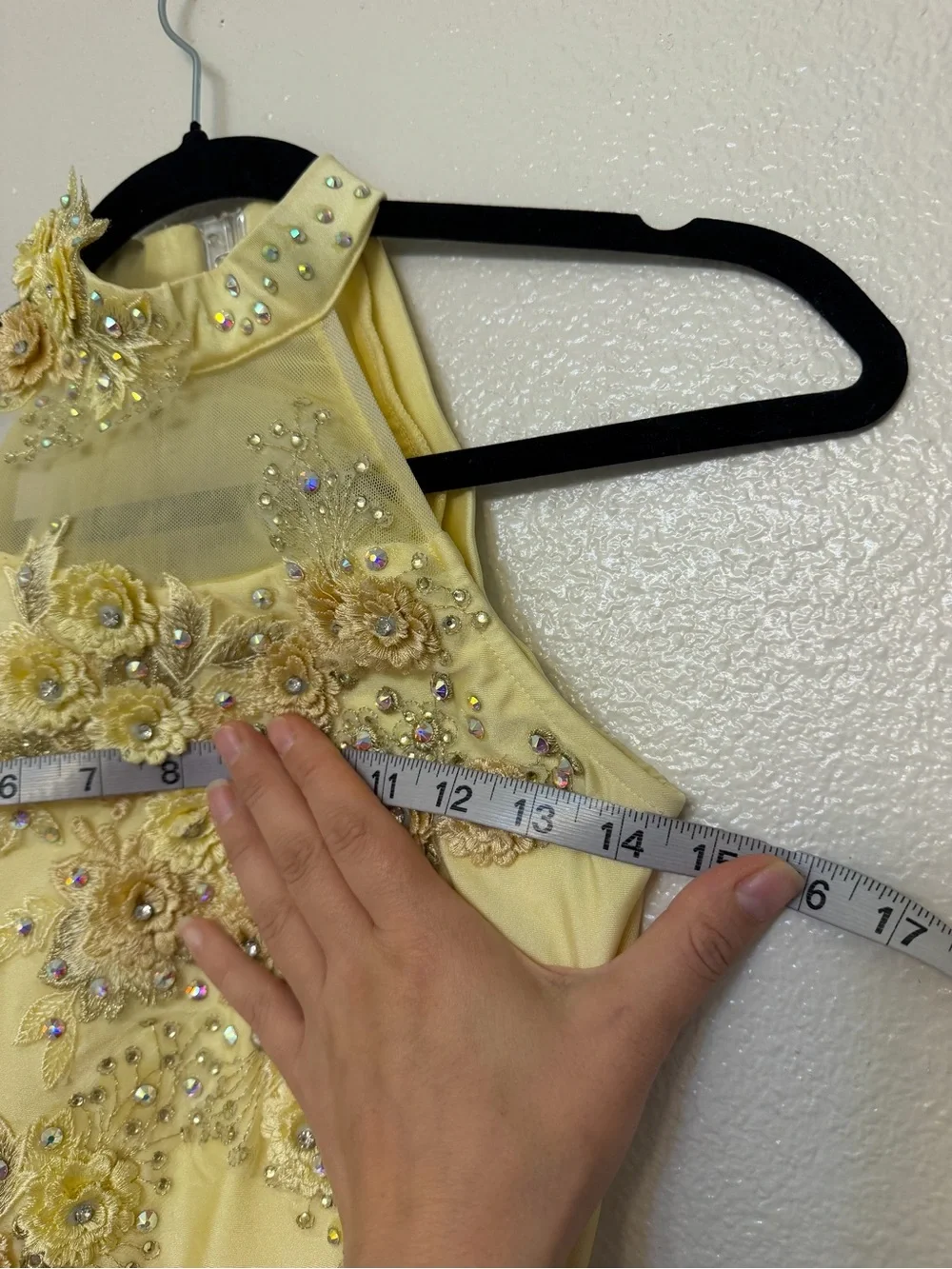 Glamour solo dance costume leotard pale yellow embellished rhinestone lace XSA